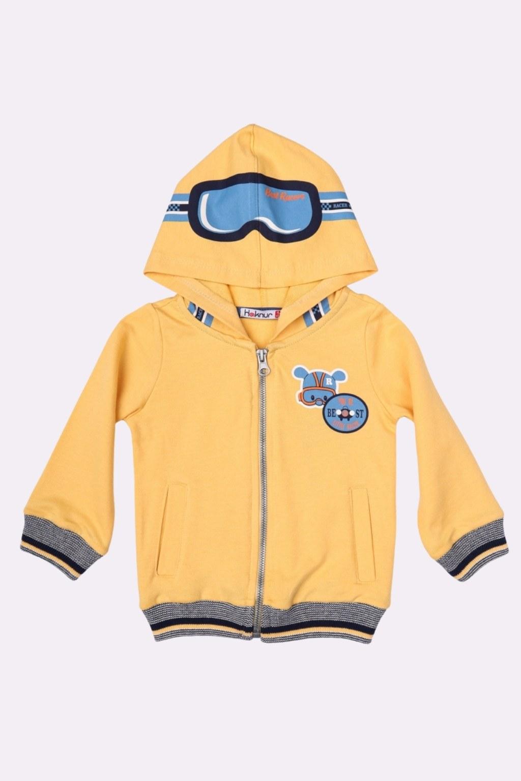 Erkek Çocuk 1-5 Yaş Kapüşonlu Gözlük Desenli Hırka Sarı