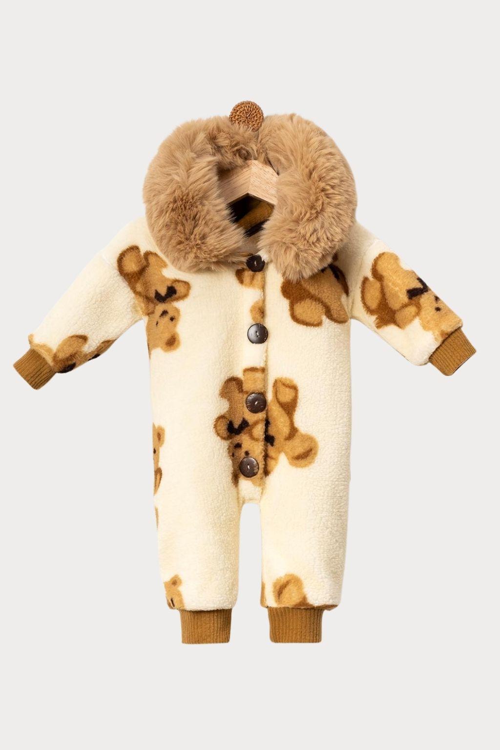 Peluş Yakalı Ayıcık Desenli Bebek Tulum 0-18 Ay – Sıcacık Kışlık