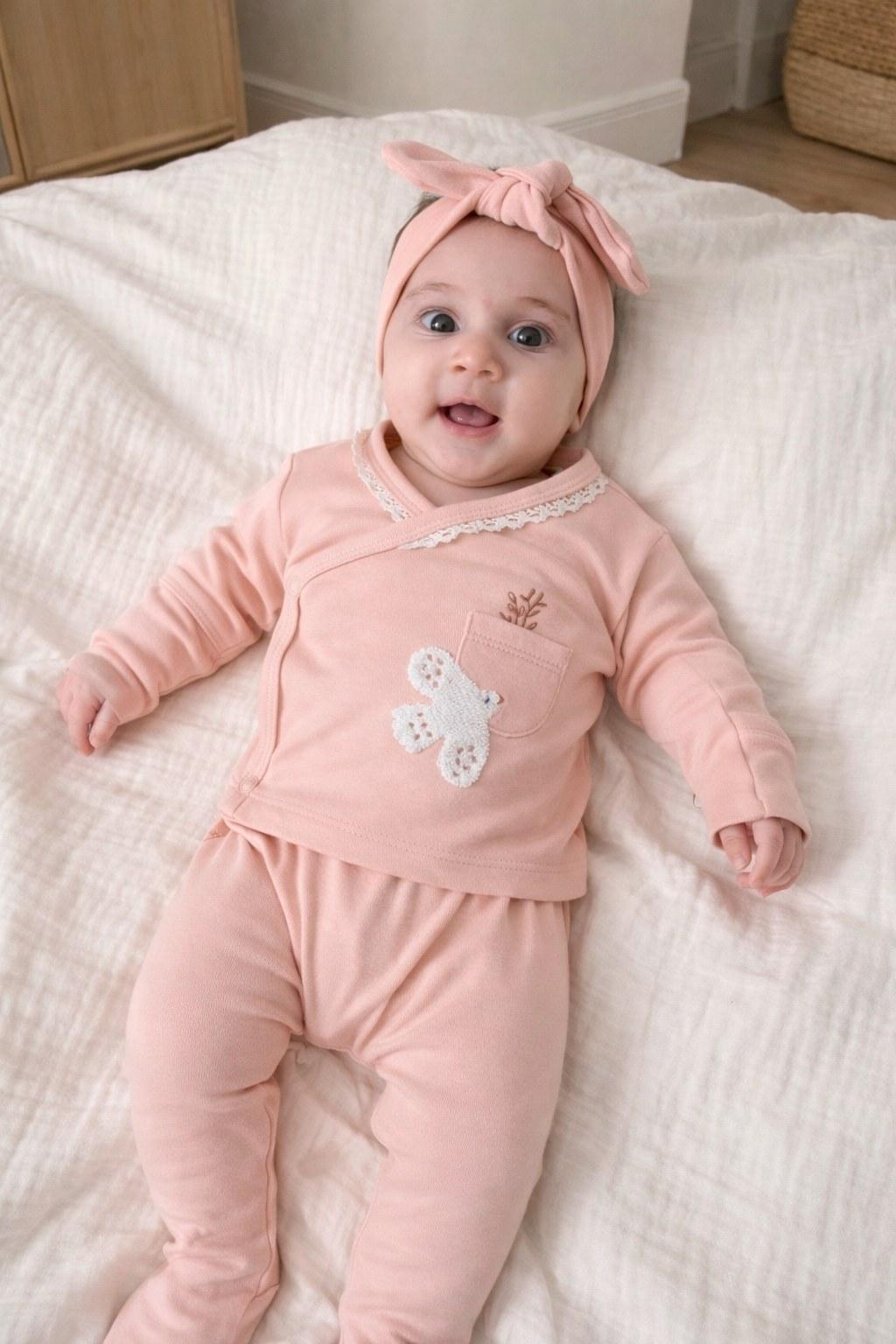 Kız Bebek 0-12 Ay Kendinden Eldivenli Bandanalı Alt Üst Takım
