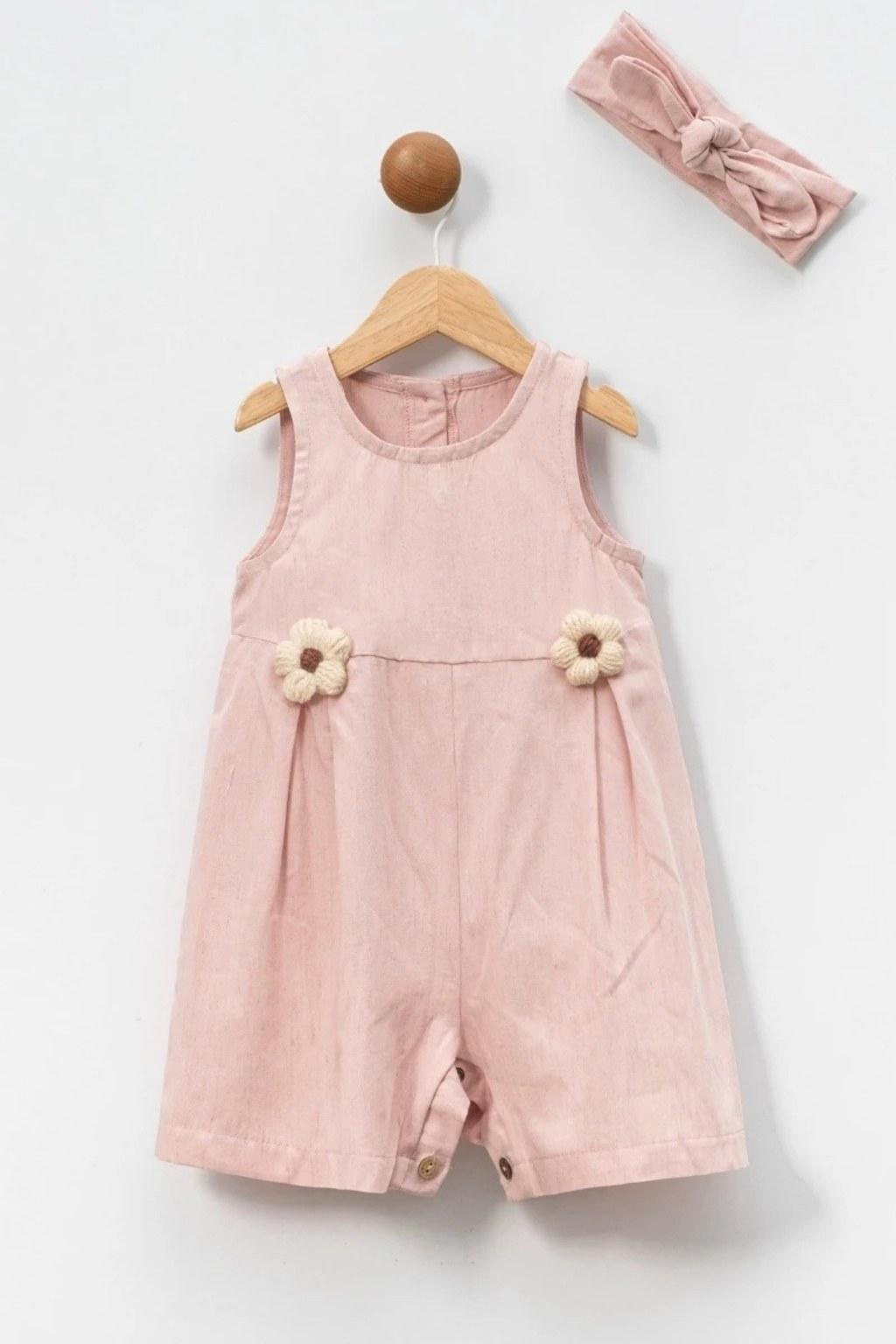 Kız Bebek Papatya Aksesuarlı 0-12 Ay Bandanalı Tulum Pudra