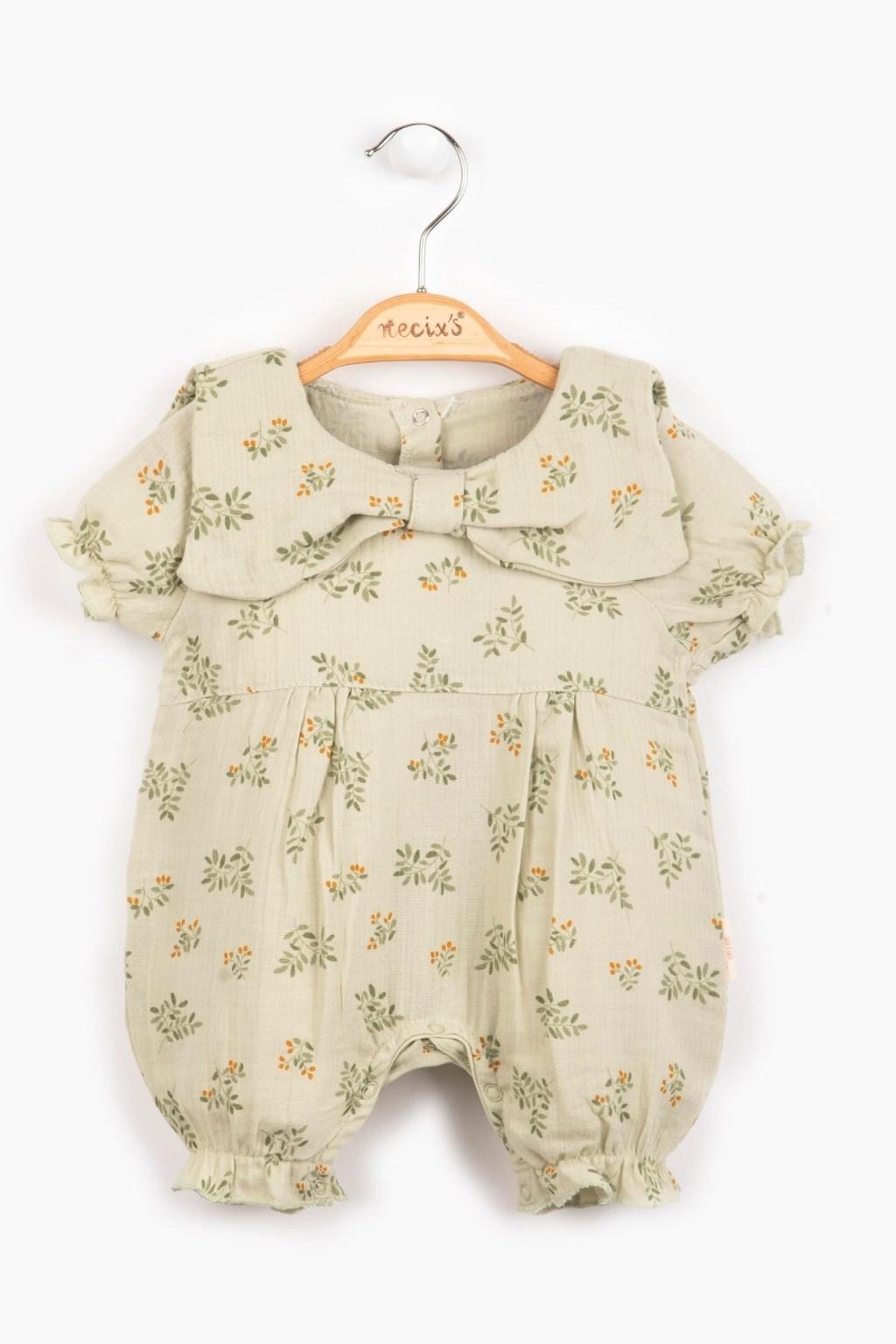 Fiyonk Yaka Yaprak Desenli Kız Bebek Tulum – Bej (0-12 Ay)