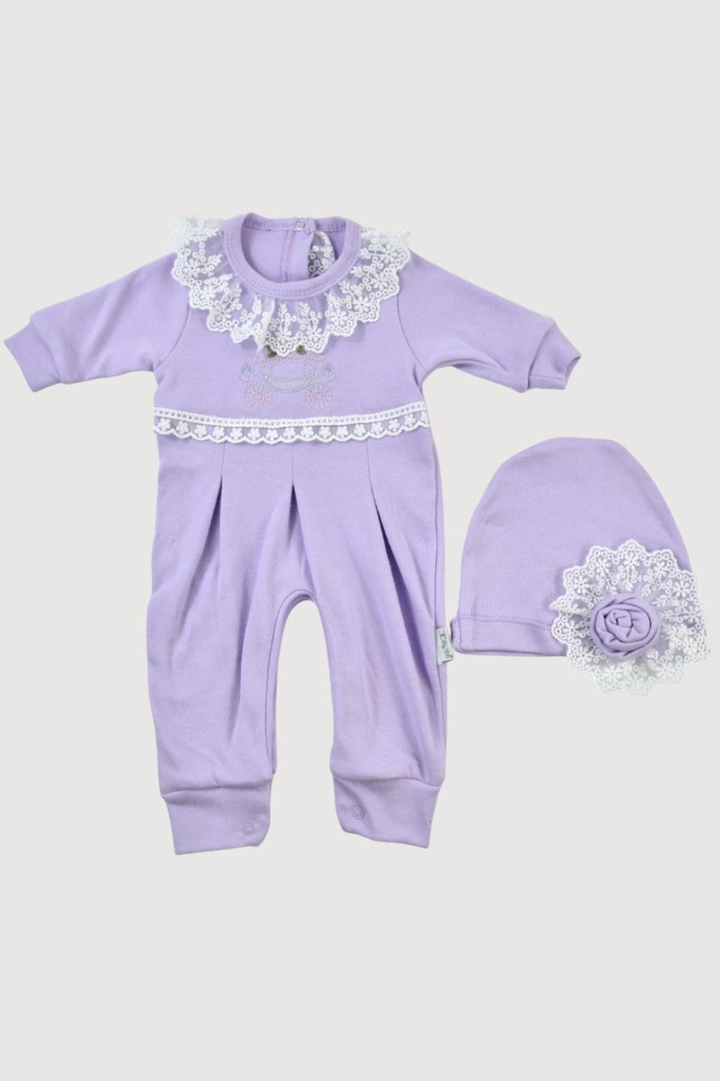 Lila Dantelli Yaka Kız Bebek Tulum Takım + Şapka 0-12 Ay