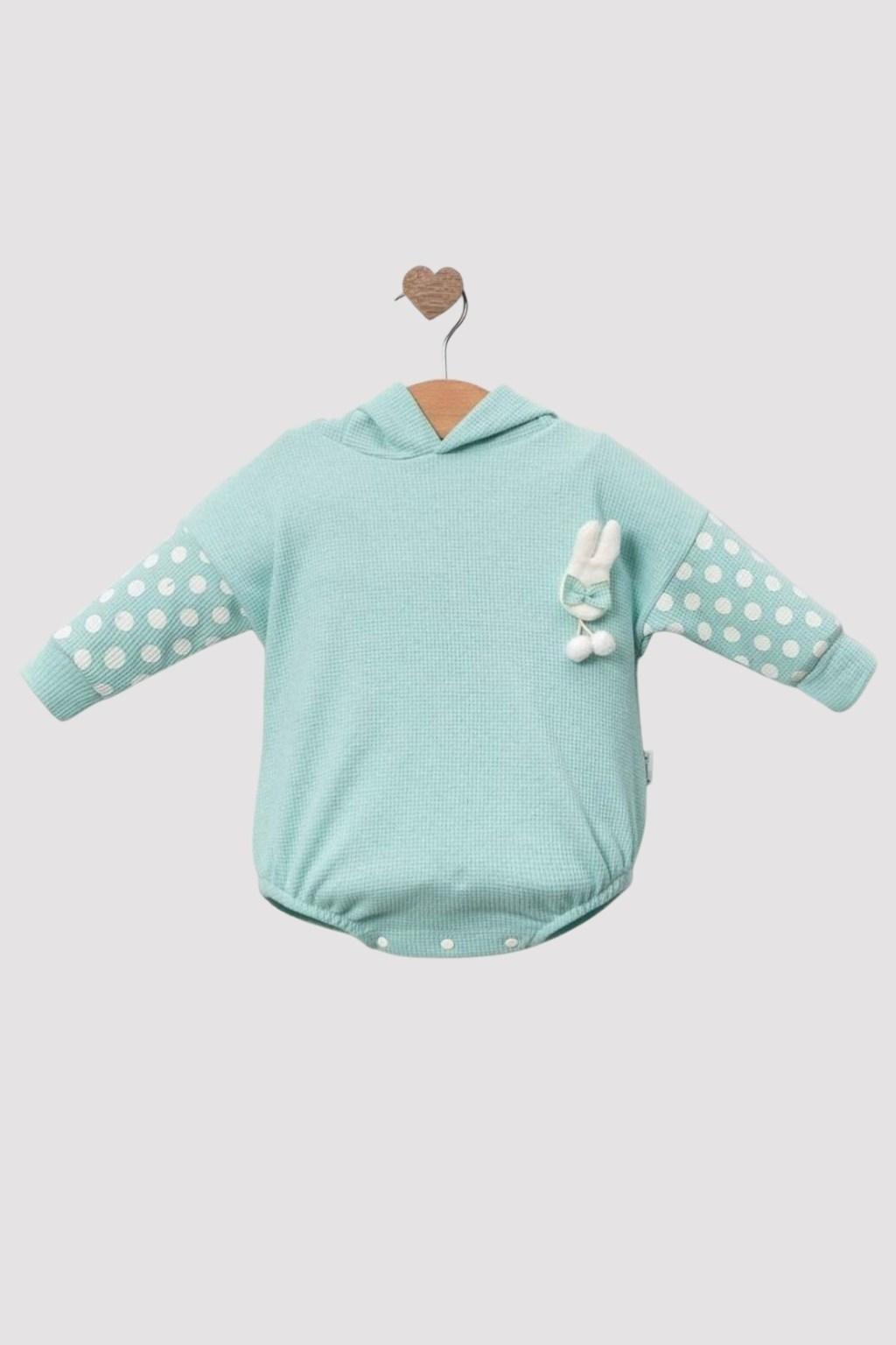 Kapüşonlu Tavşan Detaylı Bebek Tulum Body – Mint (0-18 Ay)