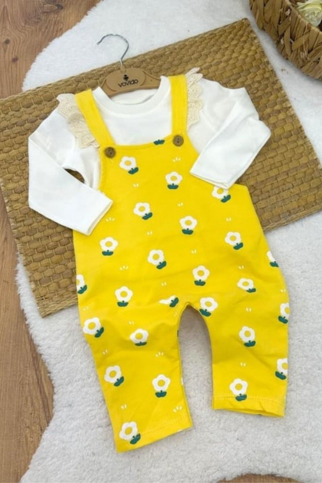 Çiçek Desenli Salopet Takım Bebek 2’li Set – Sarı (6-24 Ay)