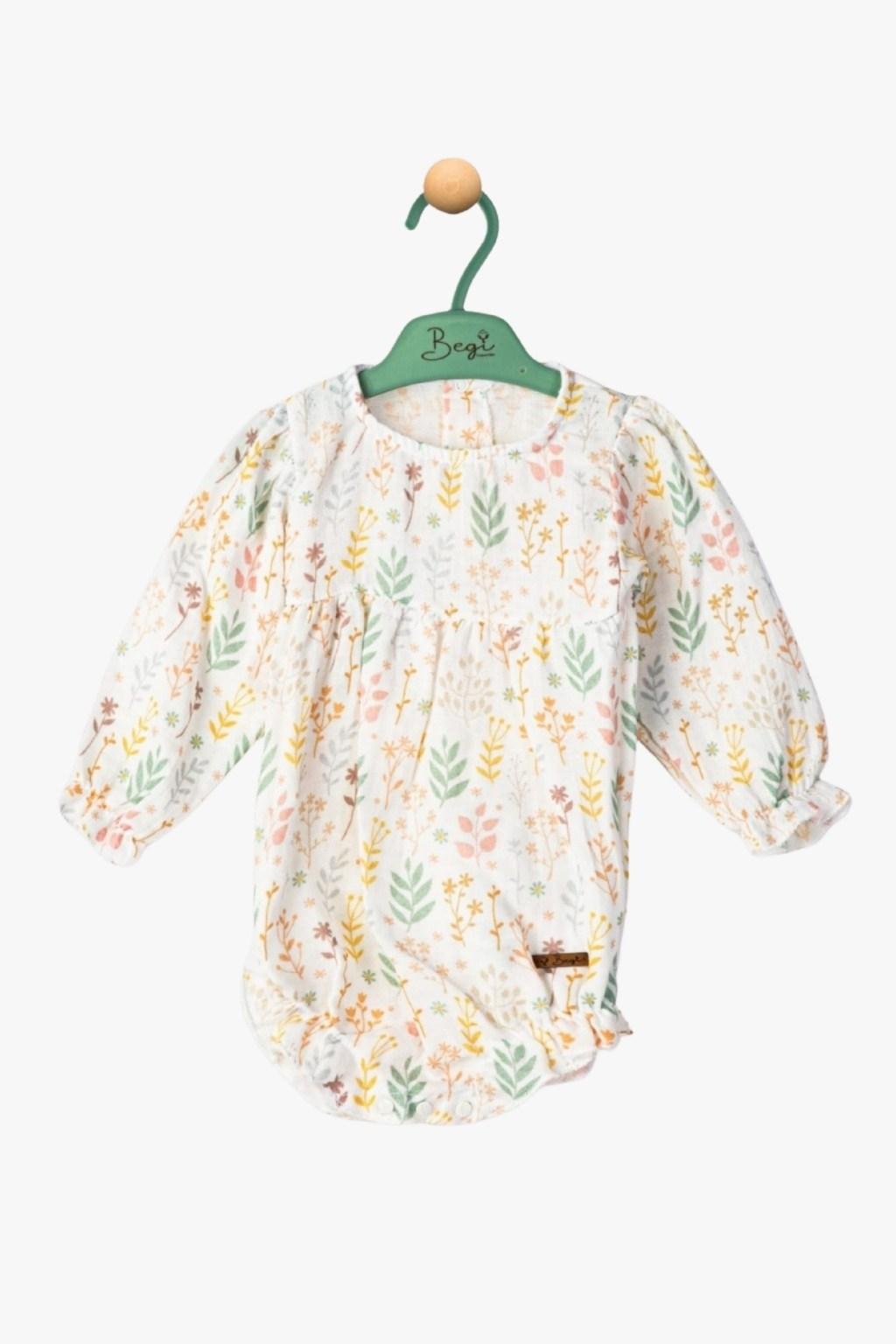 Yaprak Desenli Uzun Kollu Kız Bebek Elbise Body – Ekru (6-24 Ay)