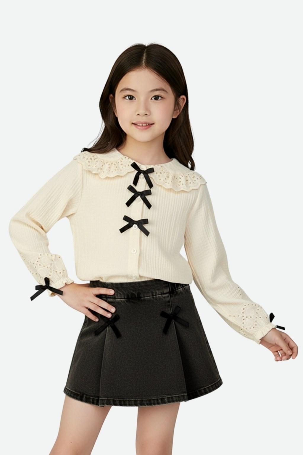 Kız Çocuk 4-9 Yaş Krem Gömlekli Takım