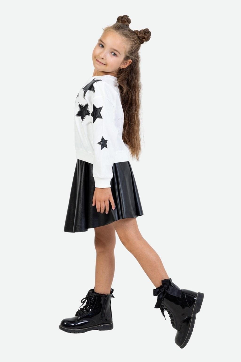 Kız Çocuk Yıldız Desenli 4-9 Yaş Siyah Etekli İkili Takım