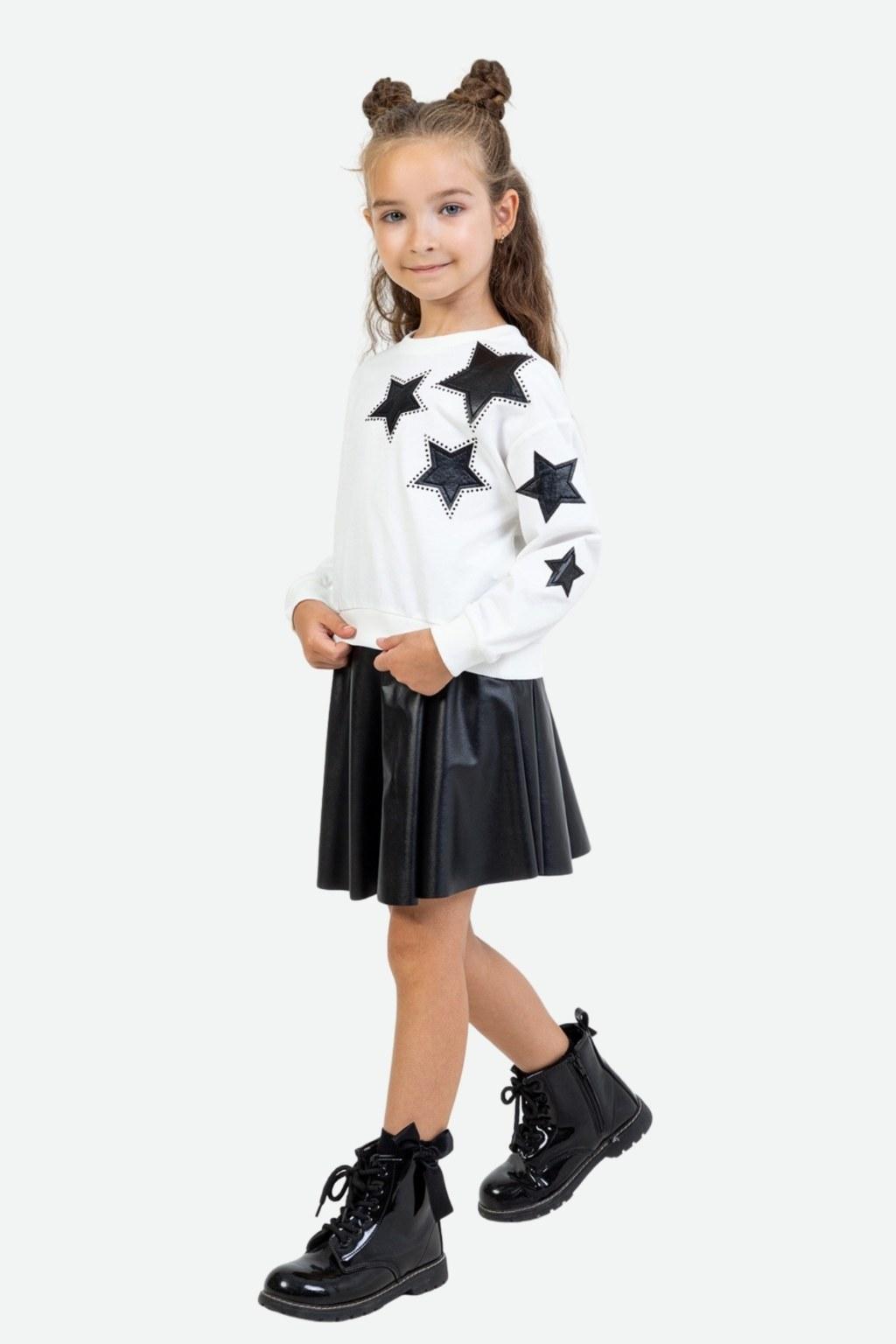 Kız Çocuk Yıldız Desenli 4-9 Yaş Siyah Etekli İkili Takım