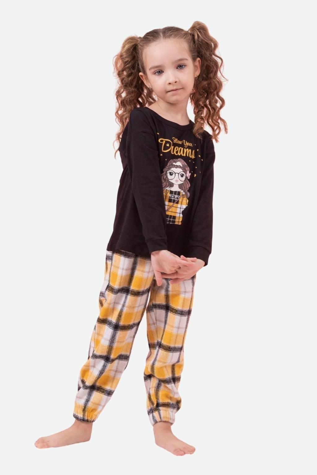Dreams Baskılı Kız Çocuk Pijama Takımı – Siyah & Sarı Ekose (3-8 Yaş)