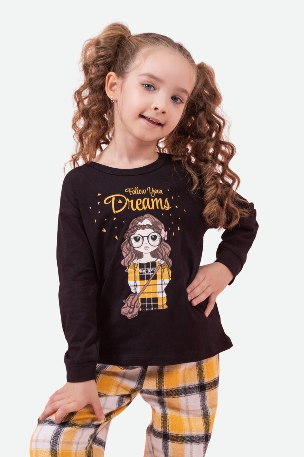 Dreams Baskılı Kız Çocuk Pijama Takımı – Siyah & Sarı Ekose (3-8 Yaş)
