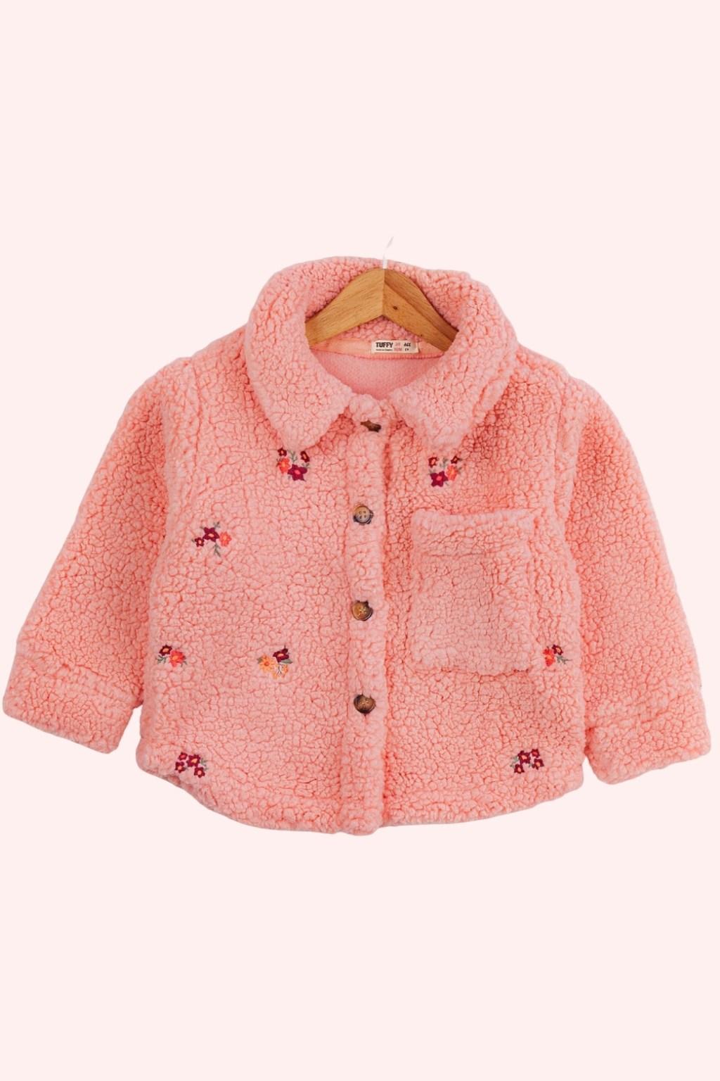 Kız Çocuk Peluş Gömlek Ceket – Nakışlı Pembe (2-6 Yaş)