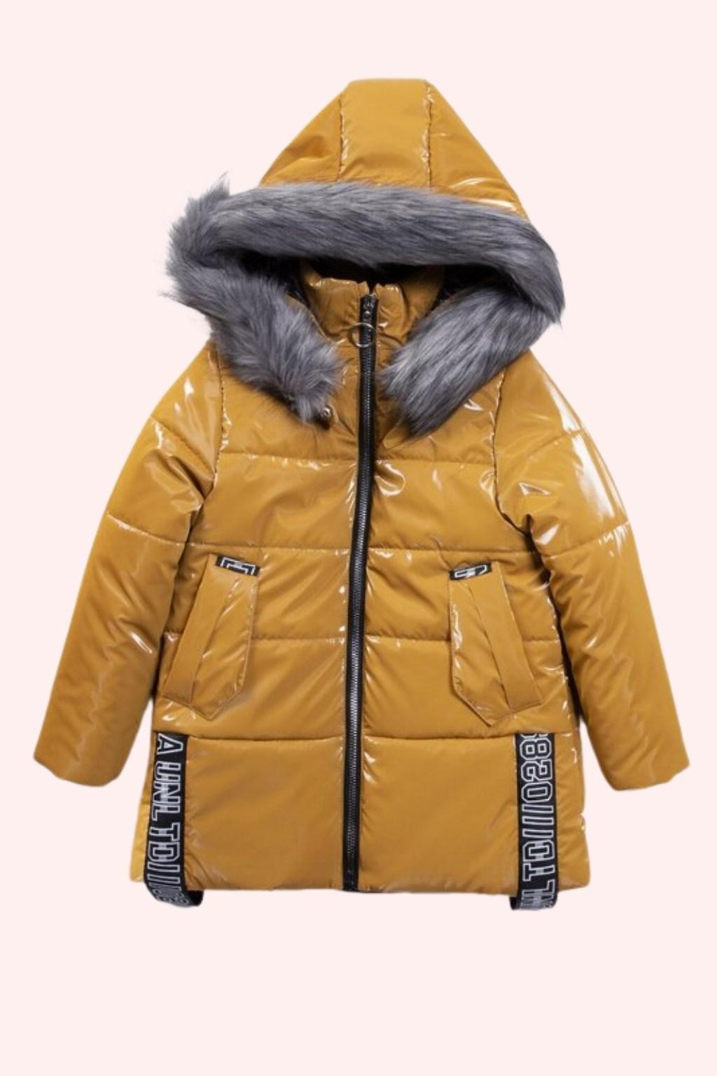 Parlak Kapüşonlu Kürk Yakalı Kız Çocuk Şişme Mont – Hardal (6-9 Yaş)