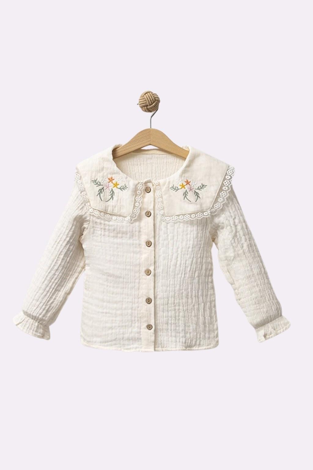 Kız Çocuk 5-8 Yaş Yakası Nakışlı Müslin Gömlek