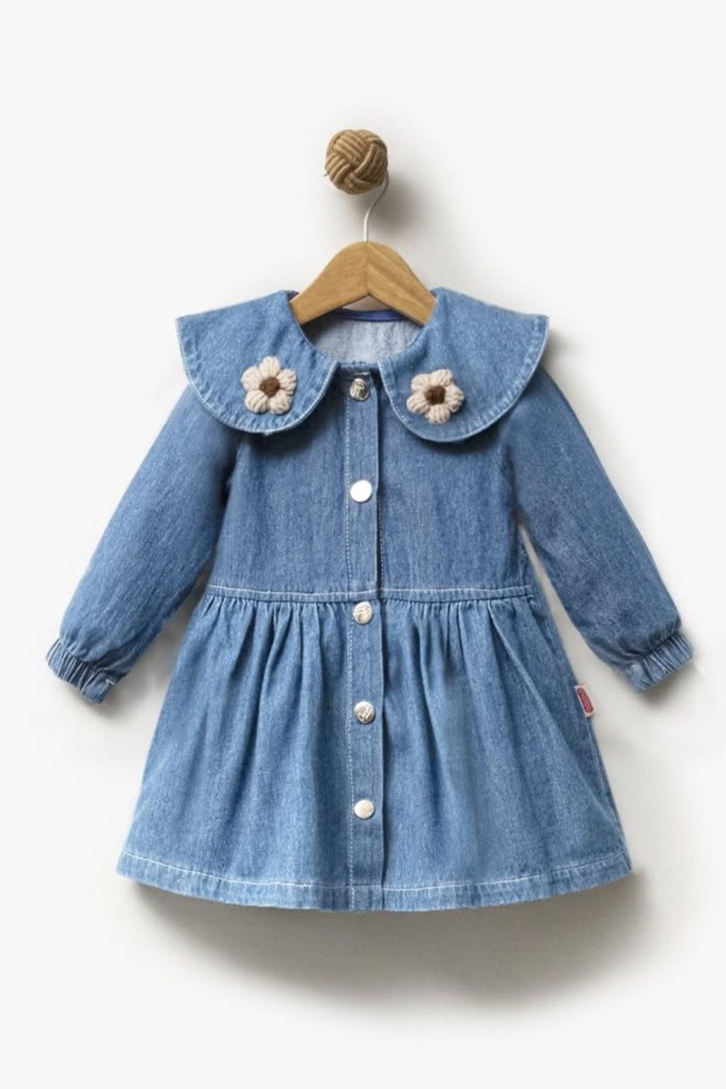 Kız Çocuk 1-4 Yaş Yaka Detaylı Kot Elbise