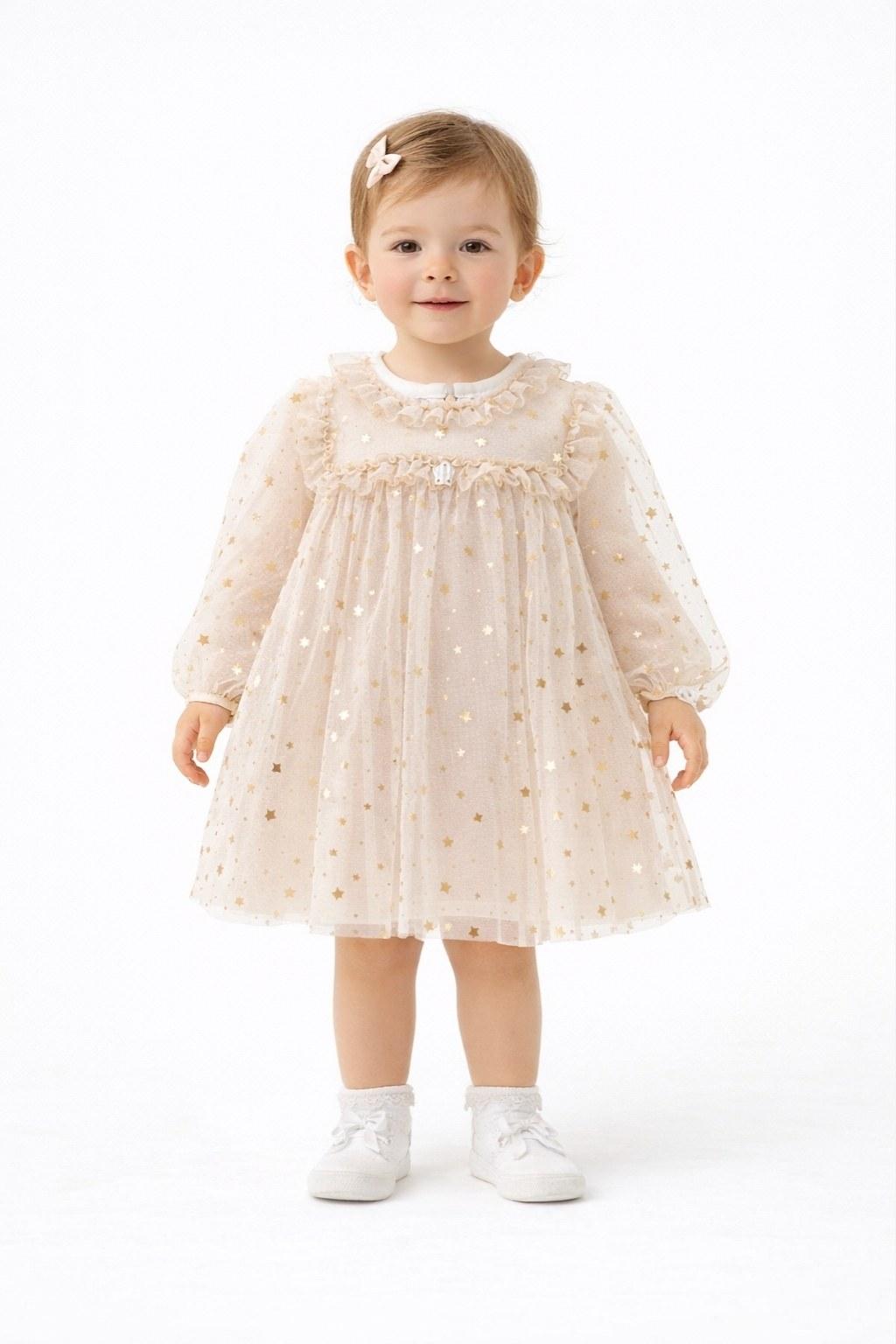 Kız Çocuk 1-3 Yaş Yıldız Desen Astarlı Tül Elbise