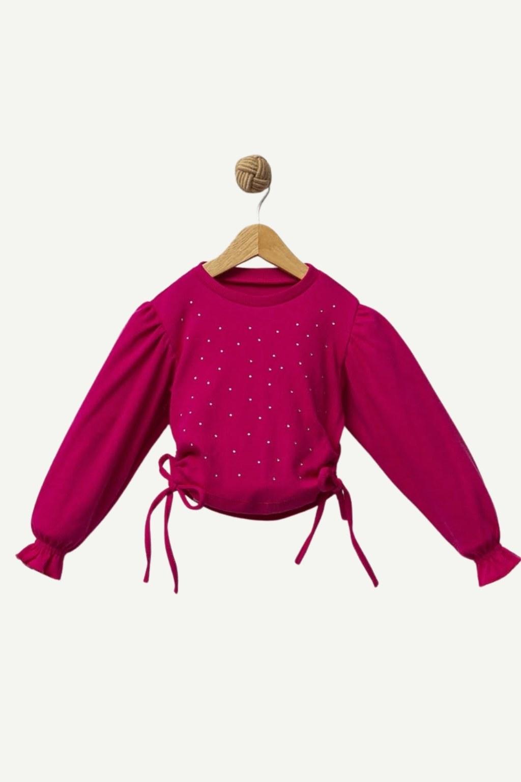 Kız Çocuk 5-8 Yaş Taş Detaylı Uzun Kollu Kaşkorse Fuşya Sweat