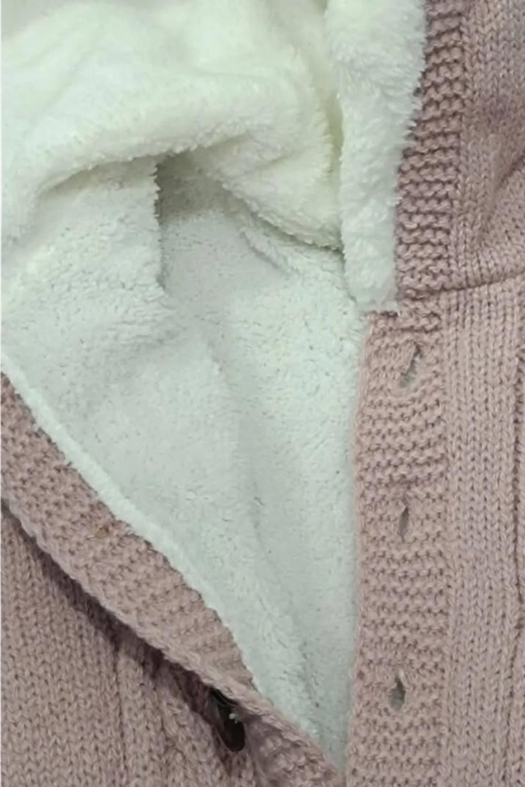 Peluş Kapüşonlu Triko Bebek Tulum – Pudra (0-18 Ay)