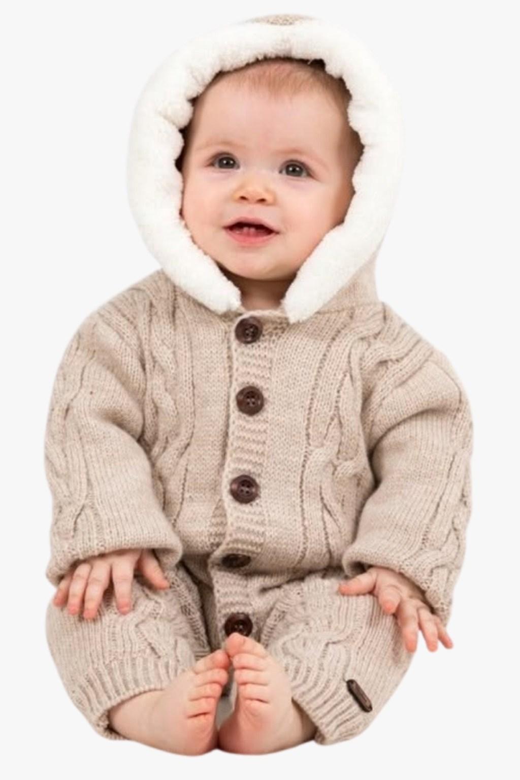 Peluş Kapüşonlu Triko Bebek Tulum – Bej (0-12 Ay)