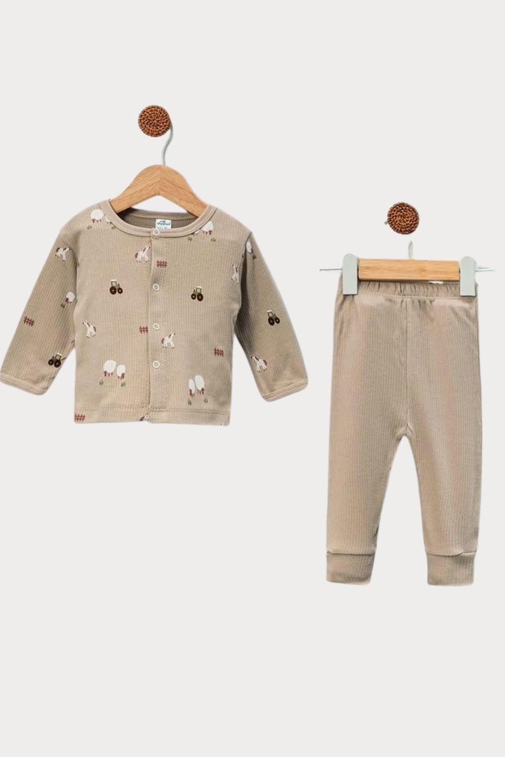 Erkek Bebek 0-12 Ay Çiftlik Desen Pijama Takımı Bej