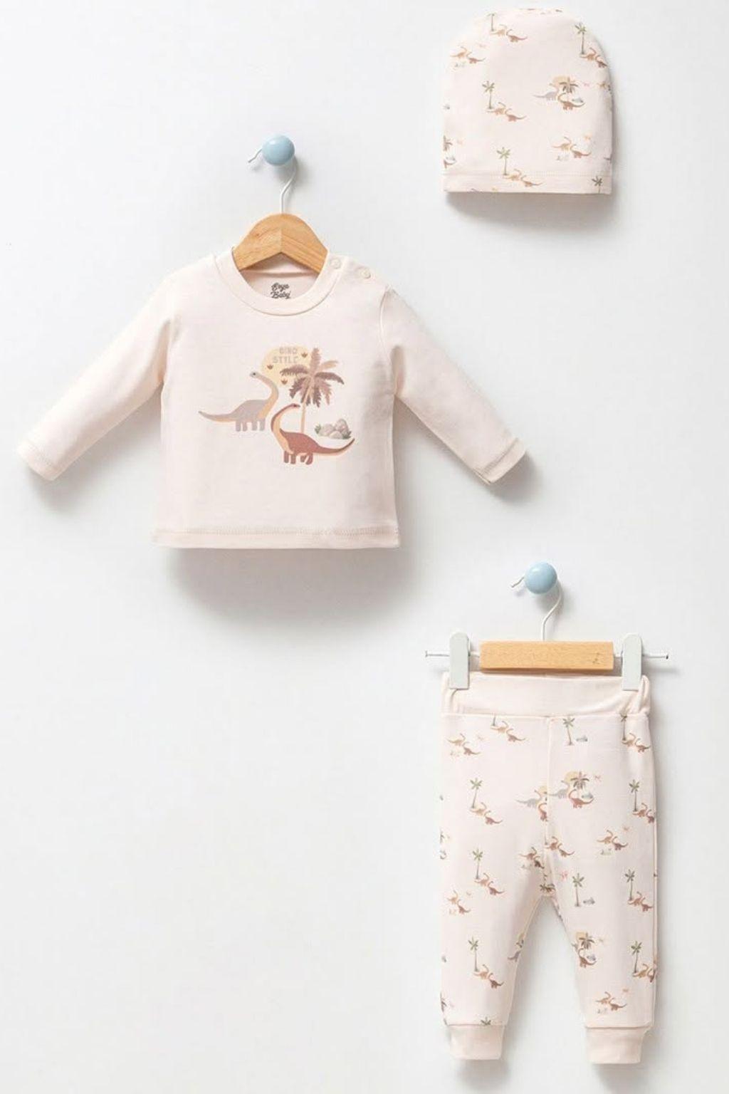 Erkek Bebek 0-12 Ay Dino Desenli Şapkalı İkili Takım