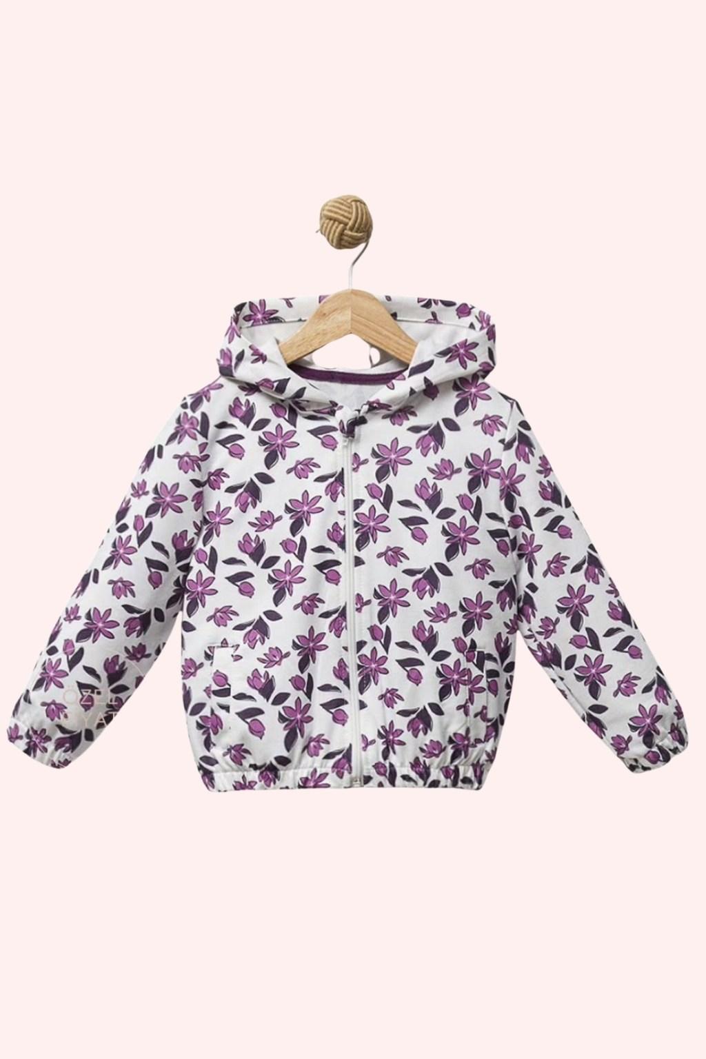 Çiçek Desenli Kapüşonlu Kız Çocuk Yağmurluk – Mor (2-5 Yaş)