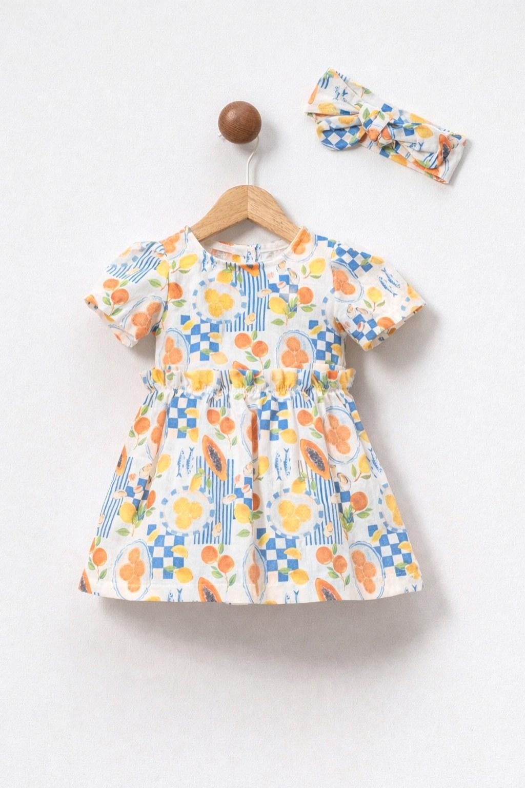 Kız Bebek 3-18 Ay Meyve Baskılı Bandanalı Elbise