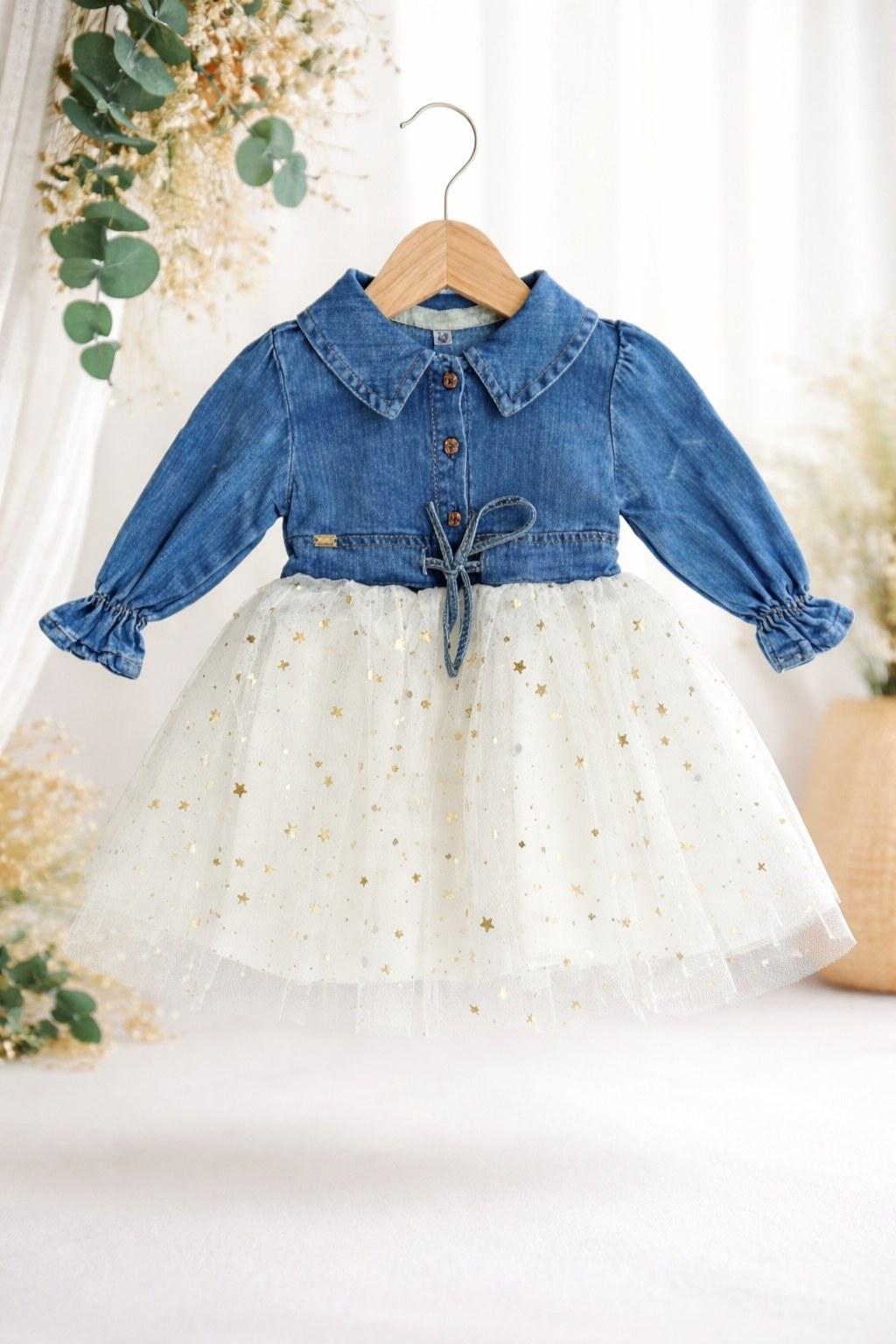 Kız Bebek 3-36 Ay Yıldız Desen Üstü Kot Tül Elbise