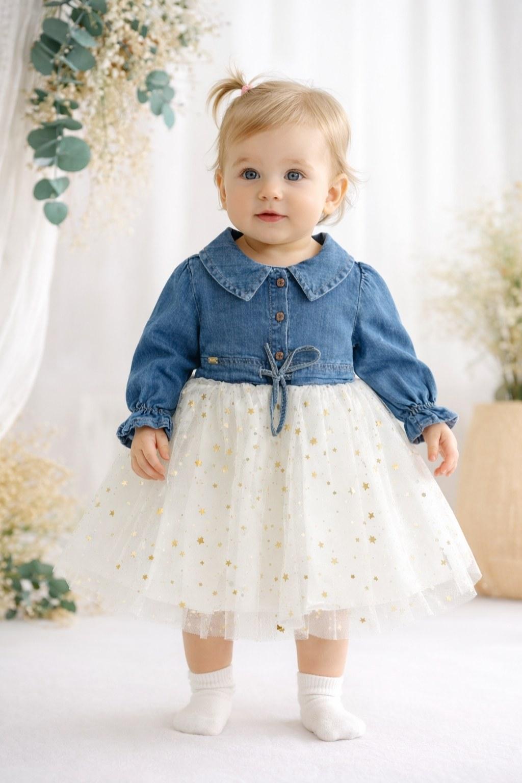 Kız Bebek 3-36 Ay Yıldız Desen Üstü Kot Tül Elbise