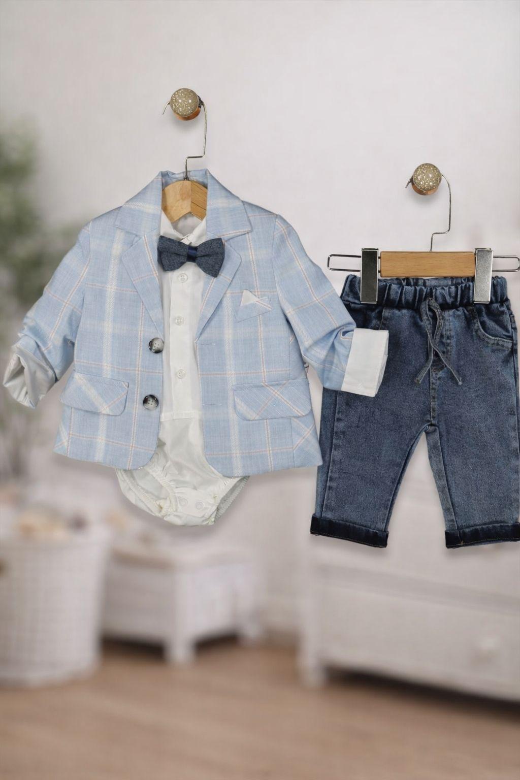 Erkek Bebek 0-12 Ay Ekose Ceketli Tam Takım