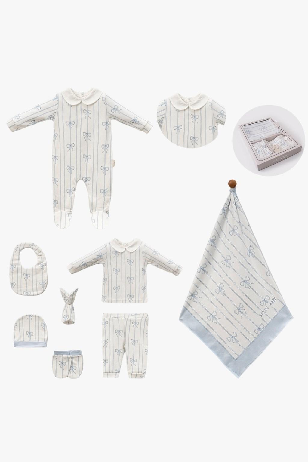 Kız Bebek 0-3 Ay Fiyonk Desenli Çizgili Kutulu Hastane Çıkış Seti