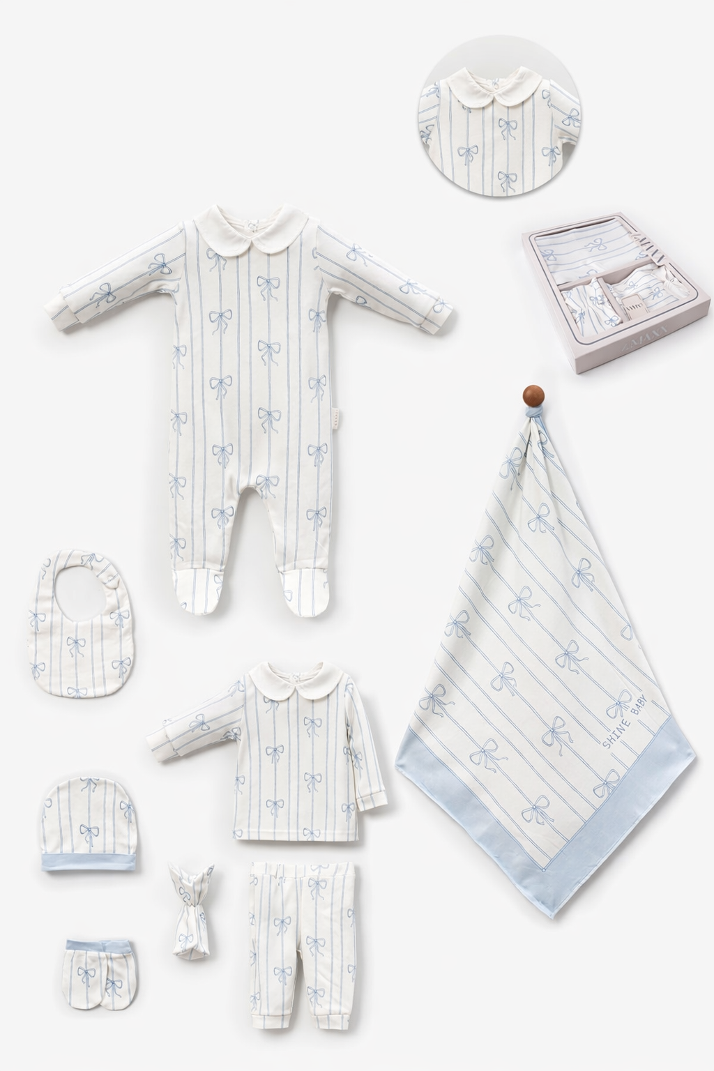 Kız Bebek 0-3 Ay Fiyonk Desenli Çizgili Kutulu Hastane Çıkış Seti