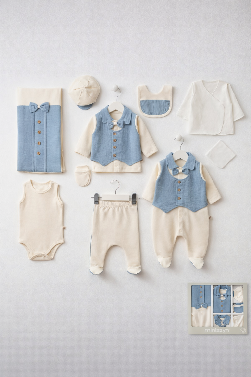 Erkek Bebek Yelek Detaylı Müslin 10’lu Hastane Çıkış Seti