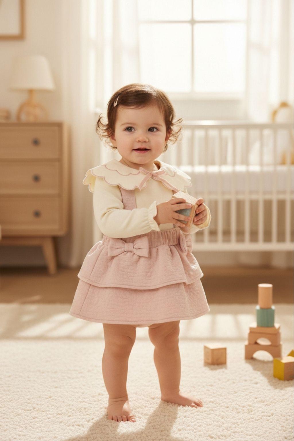 Kız Bebek Yakalı Salopet Etek Takım (3-12 Ay)