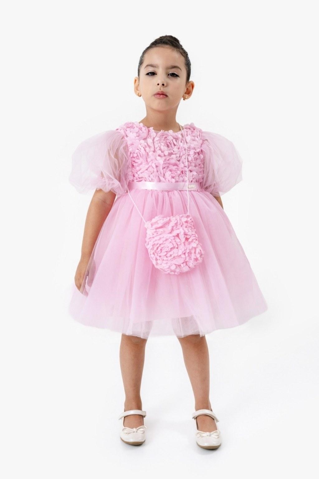 2-5 Yaş Kız Çocuk Çiçek Detaylı Pembe Tüllü Elbise Çantalı