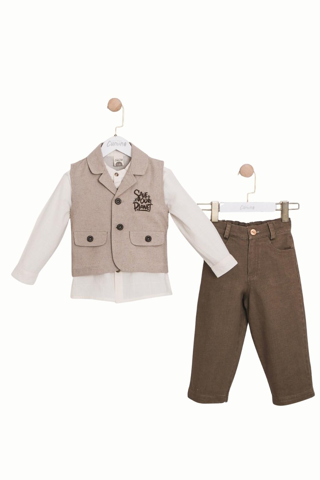 Erkek Çocuk 3’lü Takım Bej Yelekli Kahverengi Pantolonlu – 2-5 Yaş