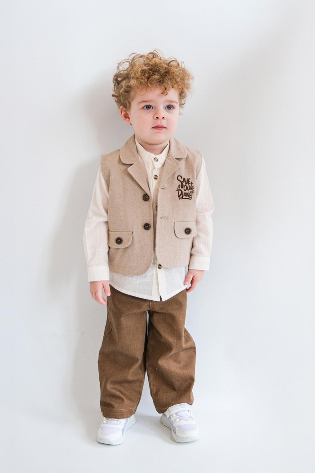 Erkek Çocuk 3’lü Takım Bej Yelekli Kahverengi Pantolonlu – 2-5 Yaş