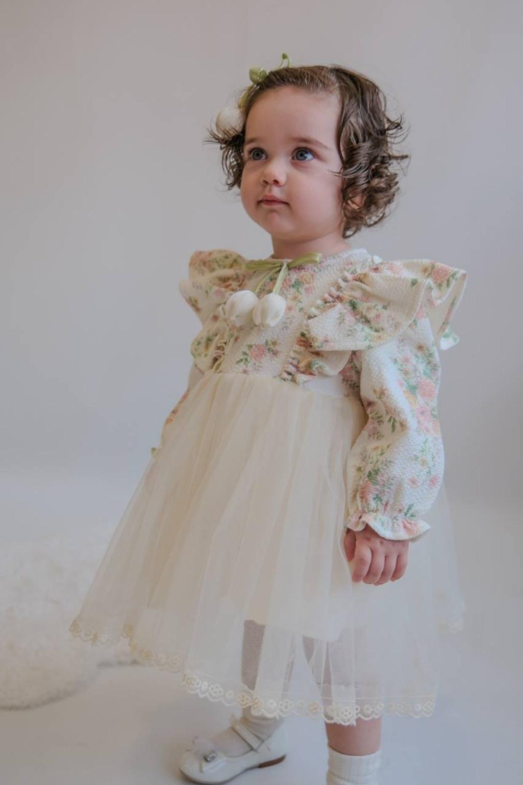 Kız Bebek 6-24 Ay Çiçek Desenli Tüllü Elbise (Fırfır Yaka)