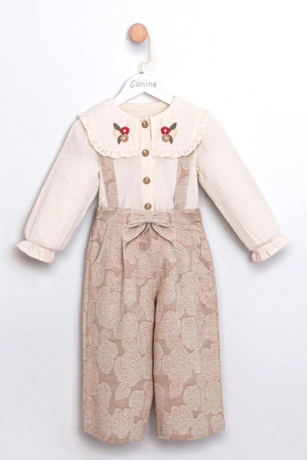 Kız Çocuk 2-5 Yaş Nakışlı Yaka Salopet Takım Ekru Vizon