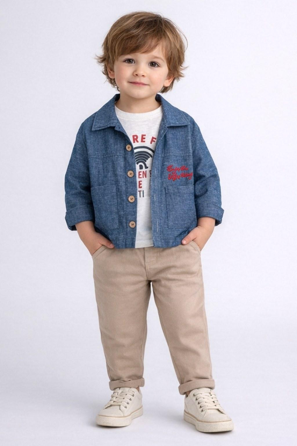 Erkek Çocuk 2-5 Yaş Denim Görünümlü Gömlekli 3’lü Takım