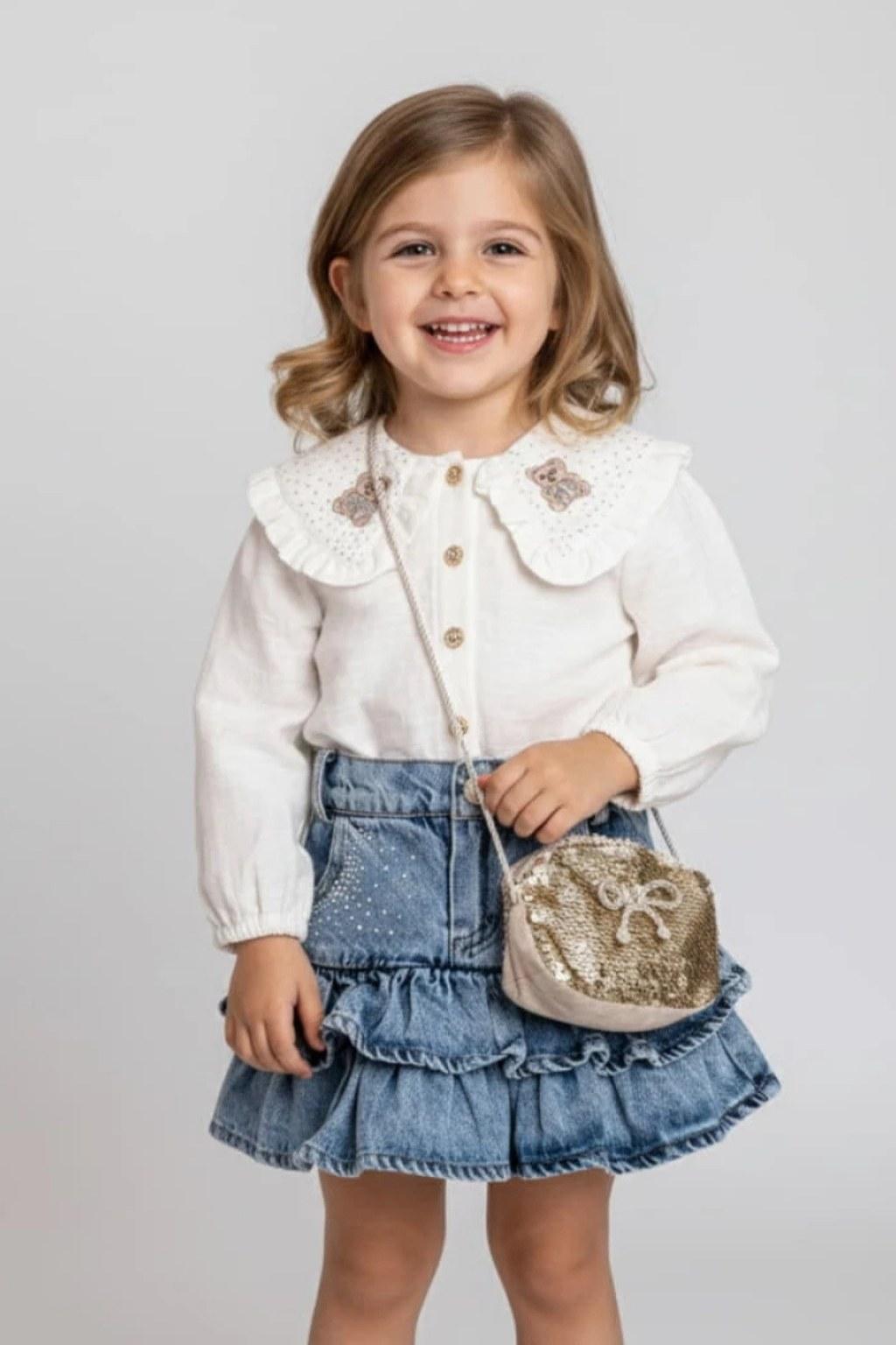 Kız Çocuk 2-5 Yaş Çantalı Kot Etekli Takım (Gömlek + Kot Etek + Çanta)