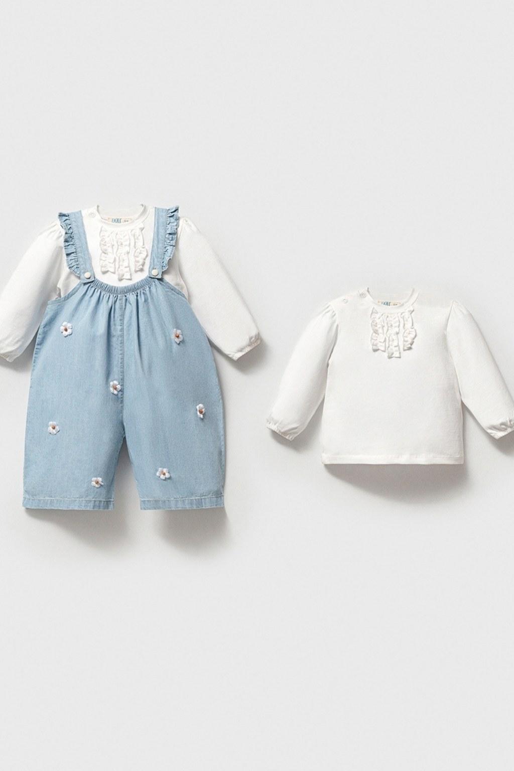 Kız Bebek 9-24 Ay Çiçek İşlemeli Kot Salopet Takım