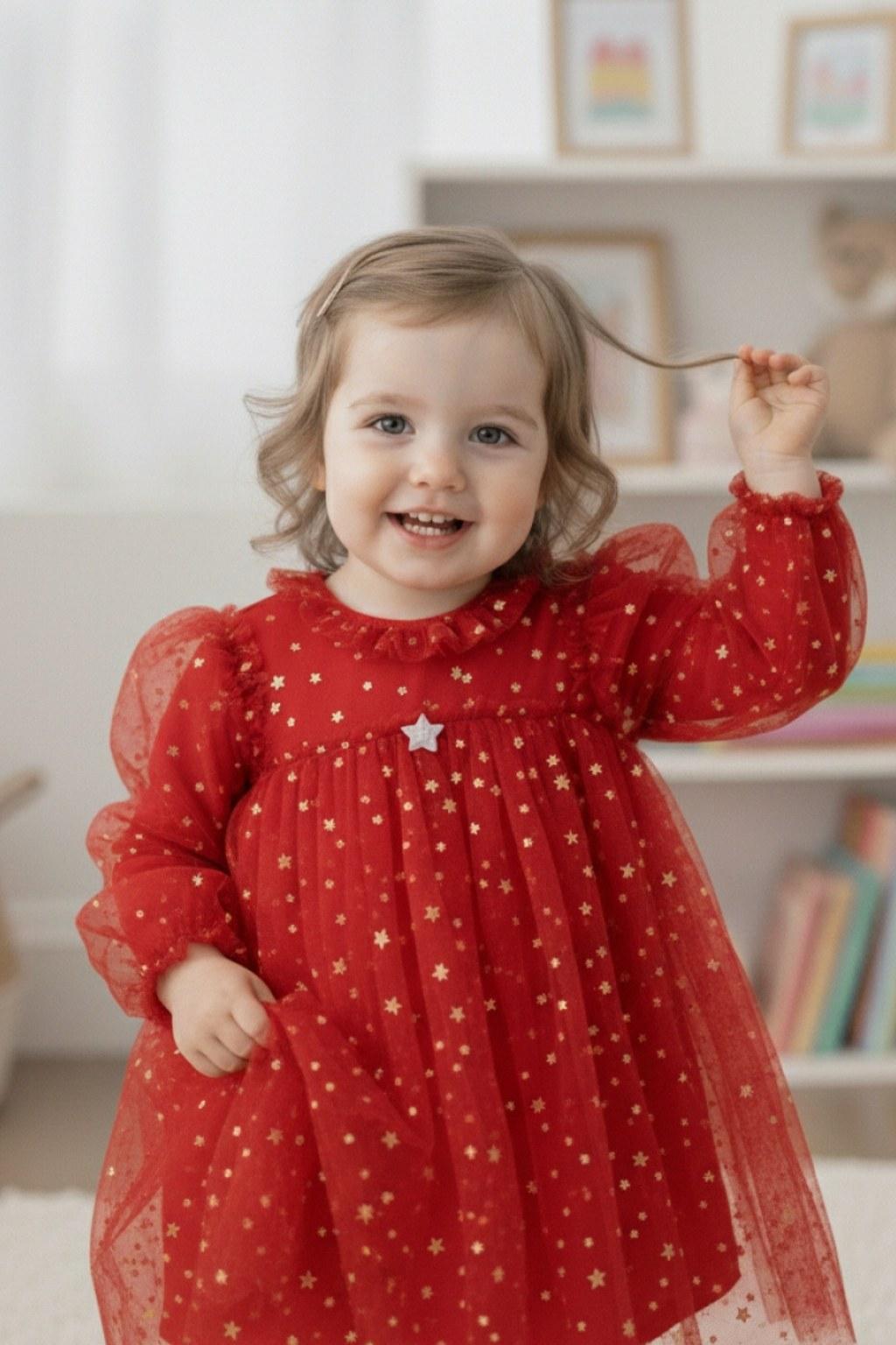 Kız Bebek Kırmızı Yıldız Desenli Tüllü Elbise 9-36 Ay