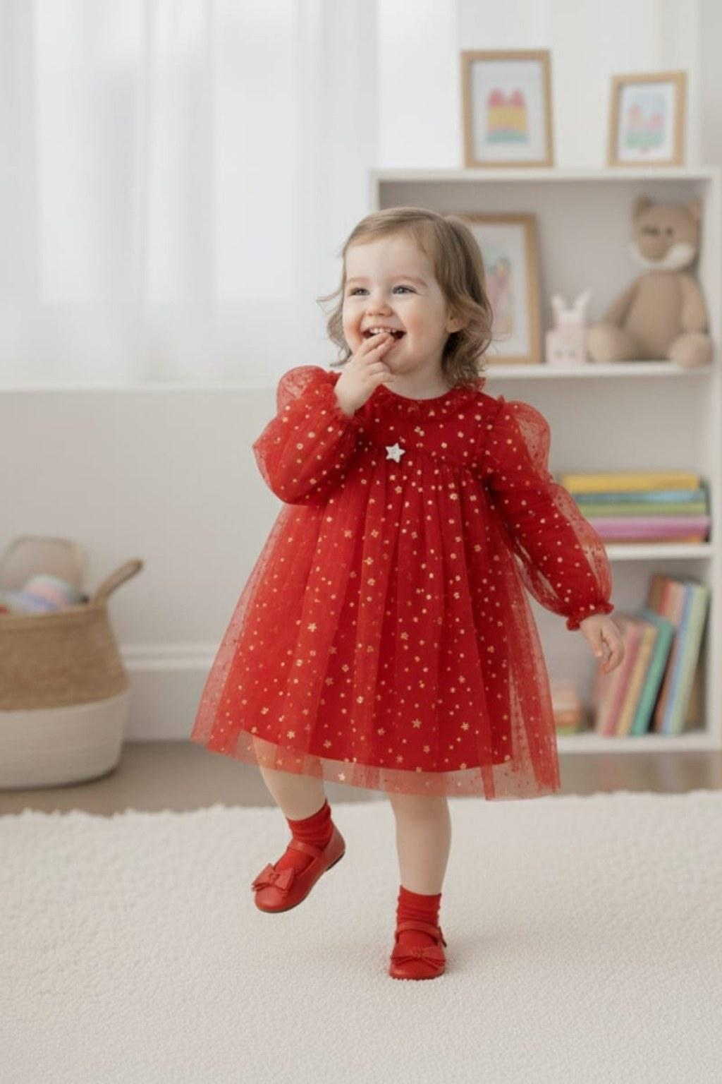 Kız Bebek Kırmızı Yıldız Desenli Tüllü Elbise 9-36 Ay