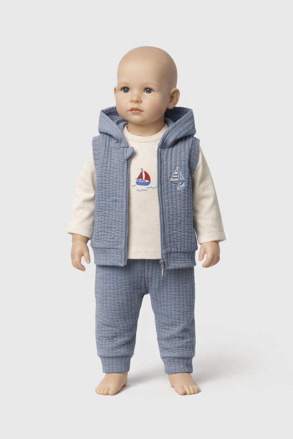 Erkek Bebek 3-12 Ay Kapüşonlu Yelekli 3’lü Takım Mavi