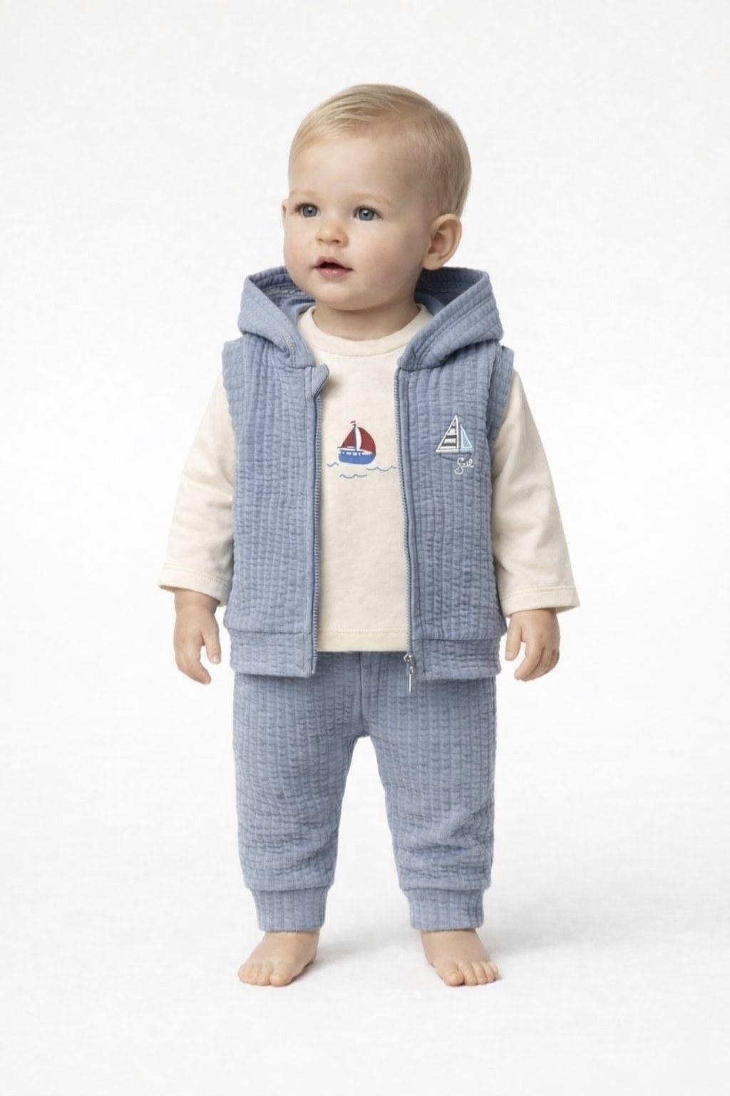 Erkek Bebek 3-12 Ay Kapüşonlu Yelekli 3’lü Takım Mavi
