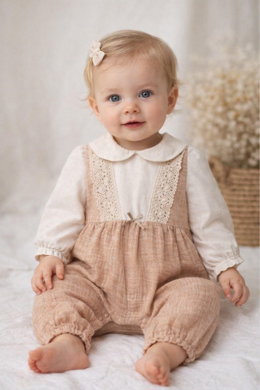 Kız Bebek Dantel Detaylı Tulum 0-9 Ay | Bej & Pudra