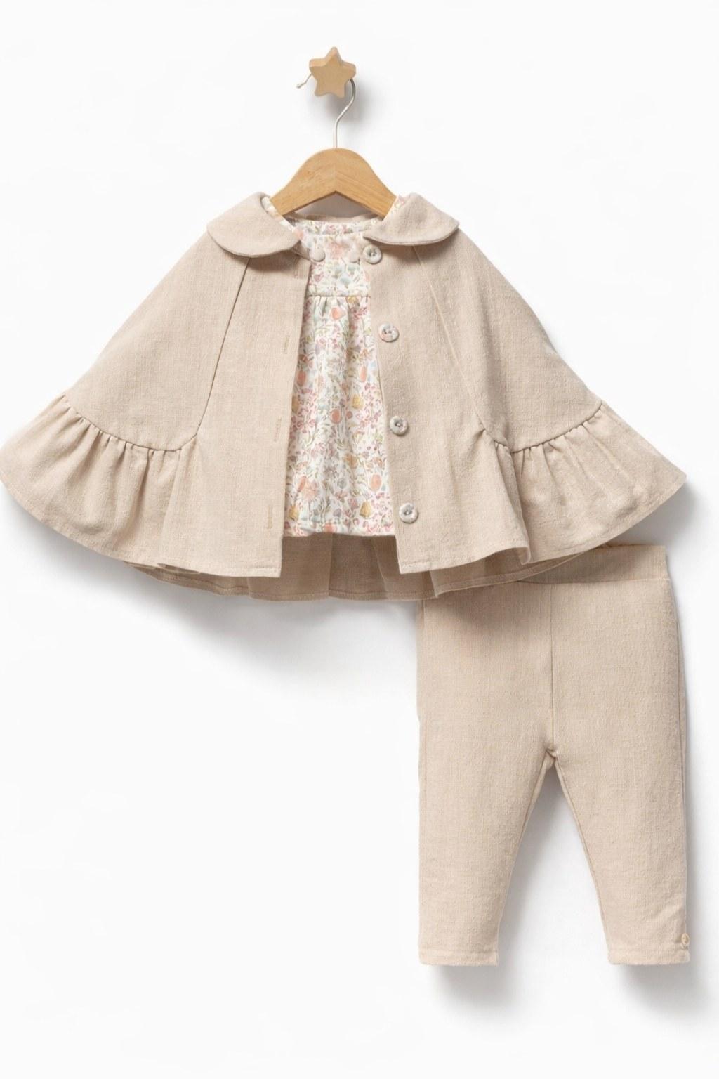 Kız Bebek Bej Pelerin Ceketli Çiçek Desenli 3’lü Takım