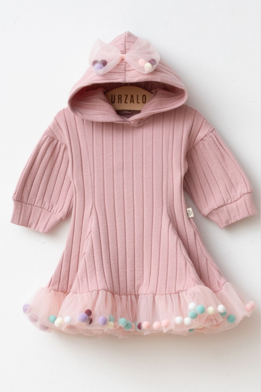 Kız Bebek Kapüşonlu Ponpon Detaylı Pembe Triko Elbise (12-36 Ay)