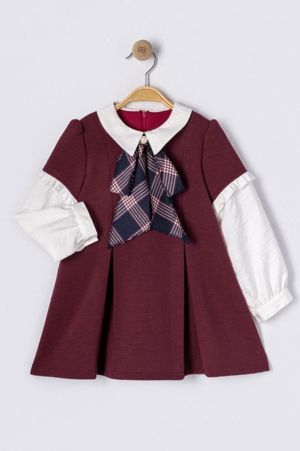 Bordo Ekose Fiyonklu Yakalı Kız Çocuk Elbise (2-5 Yaş)