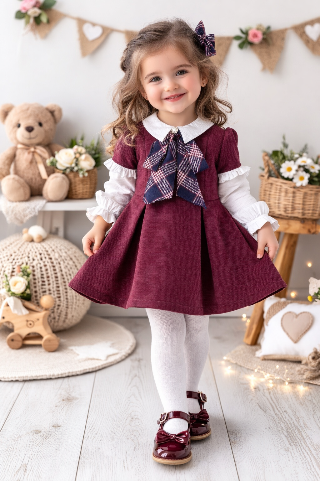 Bordo Ekose Fiyonklu Yakalı Kız Çocuk Elbise (2-5 Yaş)
